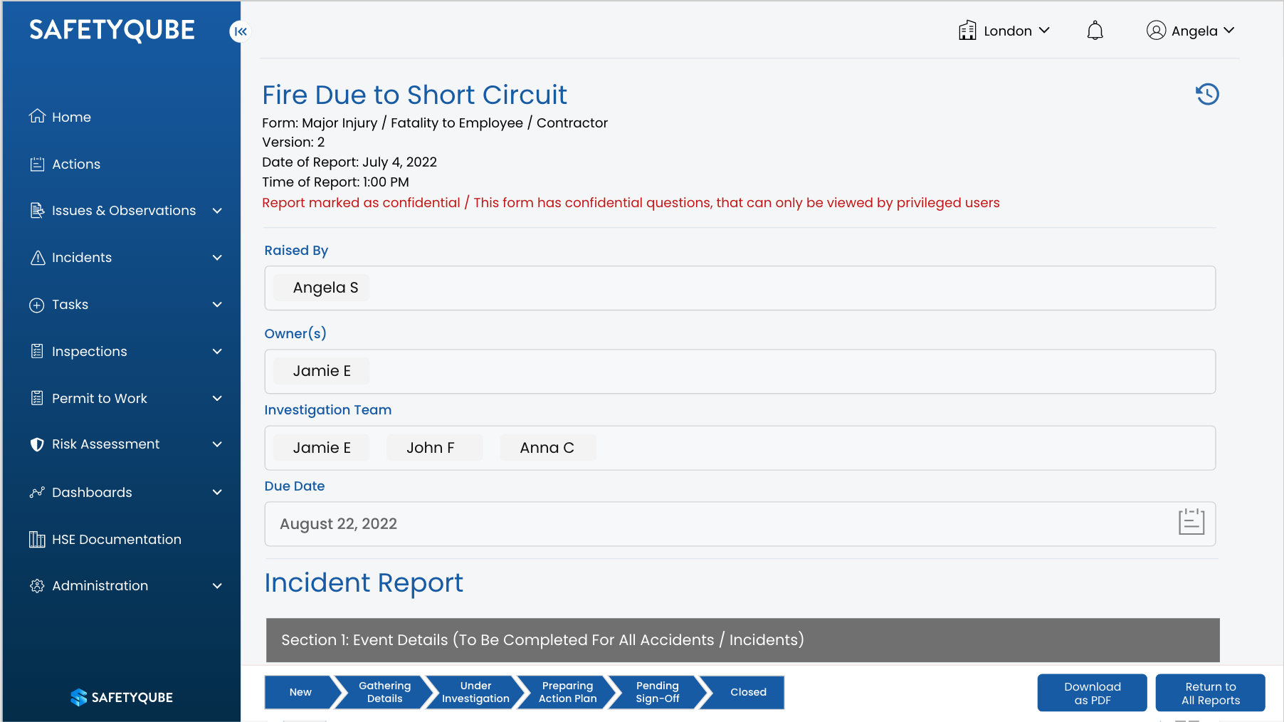 SafetyQube incident report detail showing investigation team, due date and status workflow