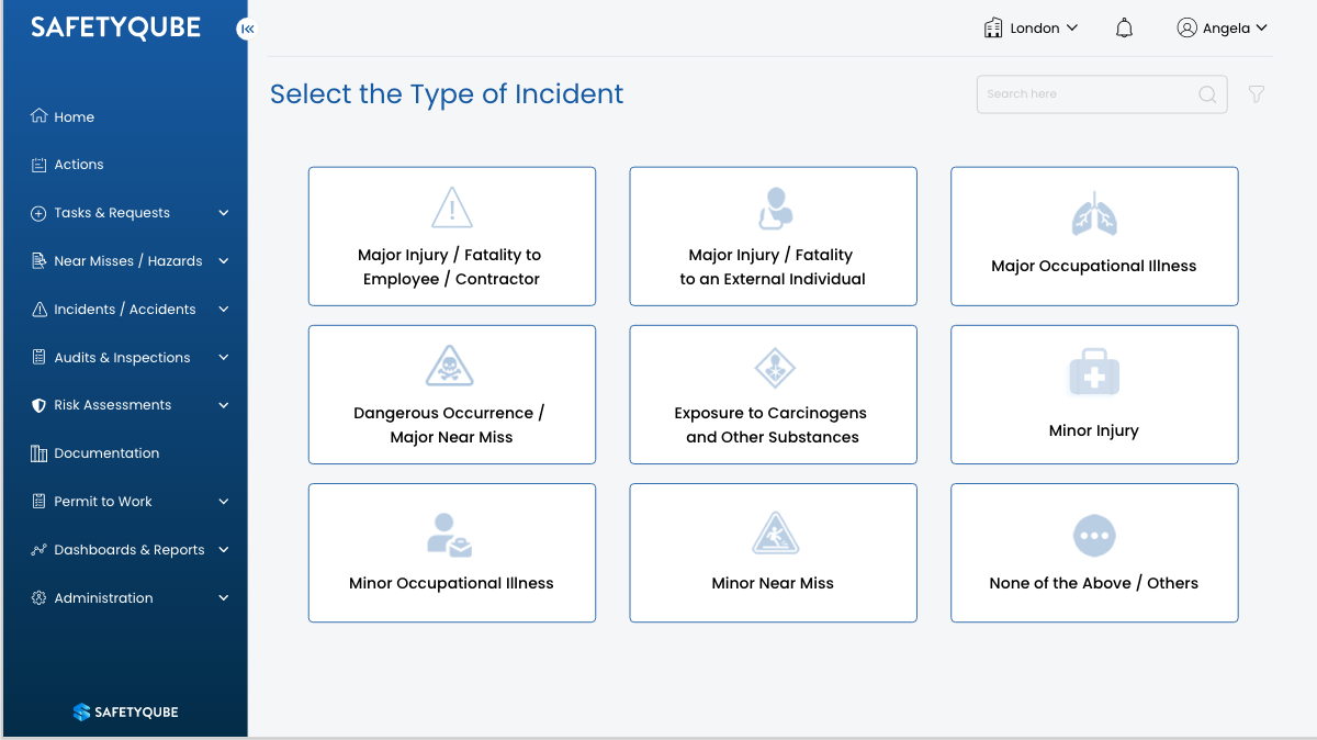 SafetyQube incident type selection screen with categories like major injury, dangerous occurrence and minor near miss